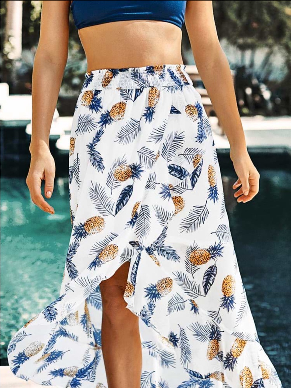 Cupshe Pineapple Leaf Print Ruffle Maxi Skirt Small White Tropical NWT New